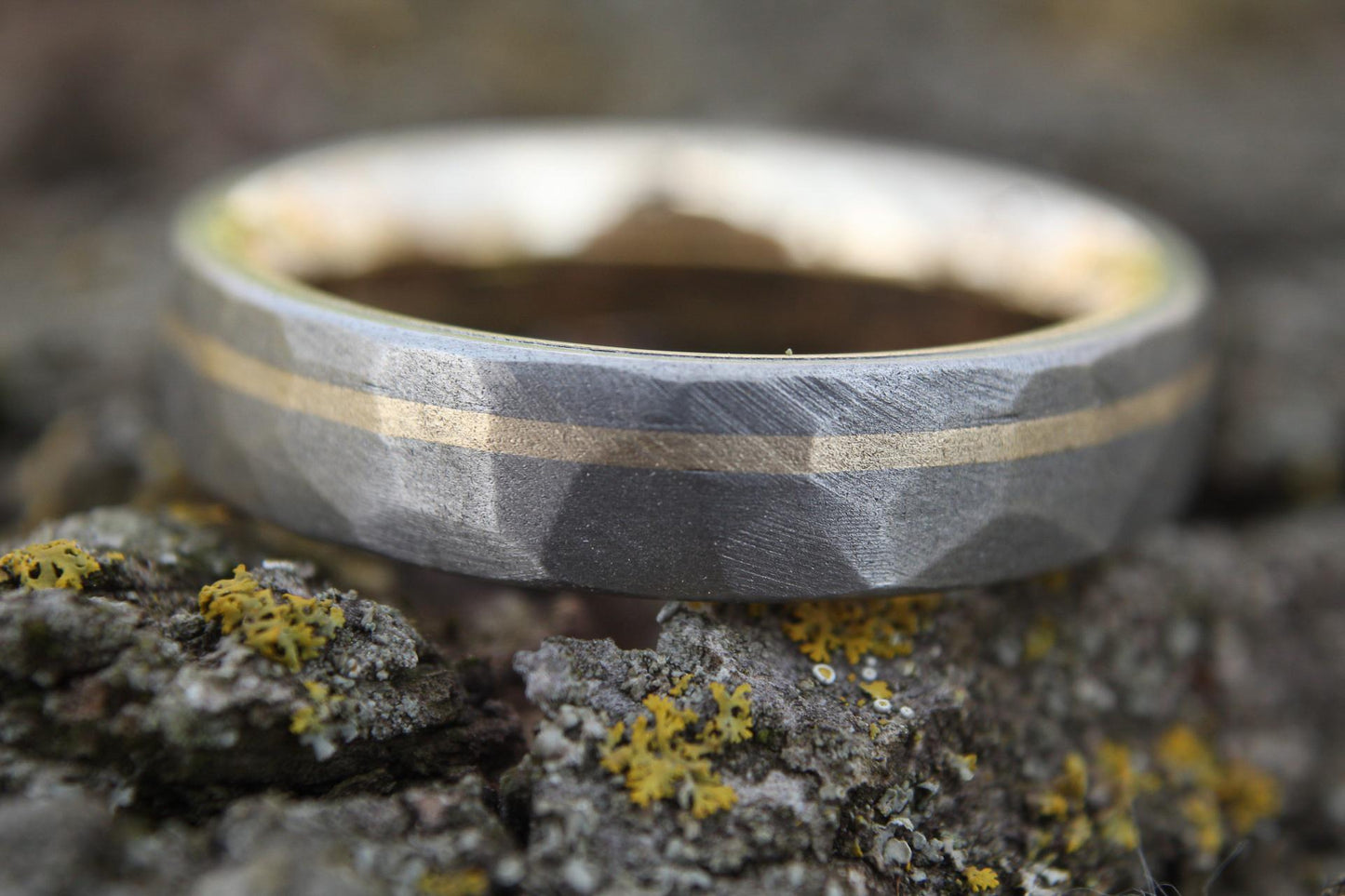 Titanium Ring with 14k Yellow Gold Liner and Inlay, Faceted Sandblasted Finish, Unique Men's Wedding Band, Custom Comfort Fit Ring