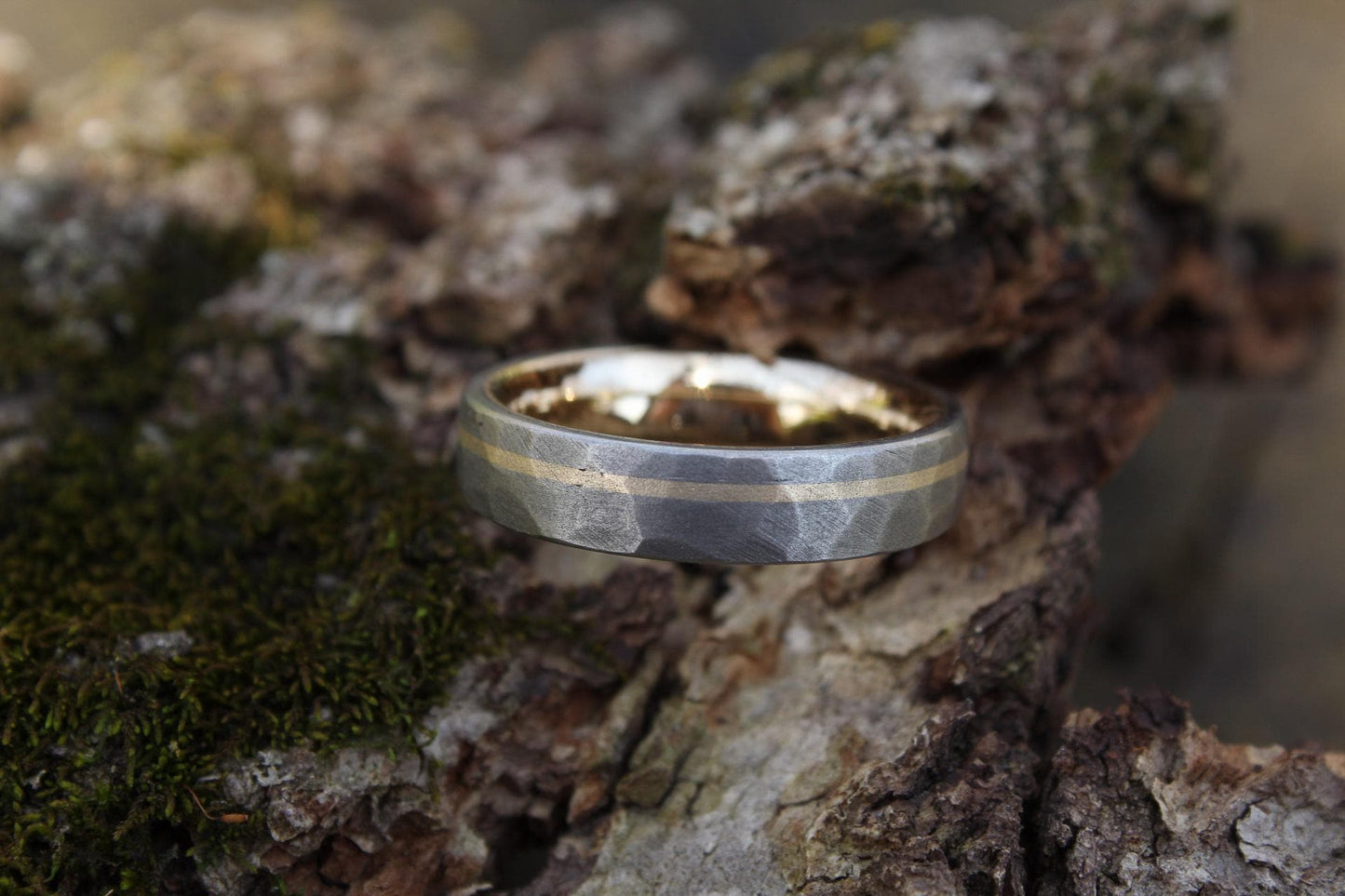 Titanium Ring with 14k Yellow Gold Liner and Inlay, Faceted Sandblasted Finish, Unique Men's Wedding Band, Custom Comfort Fit Ring
