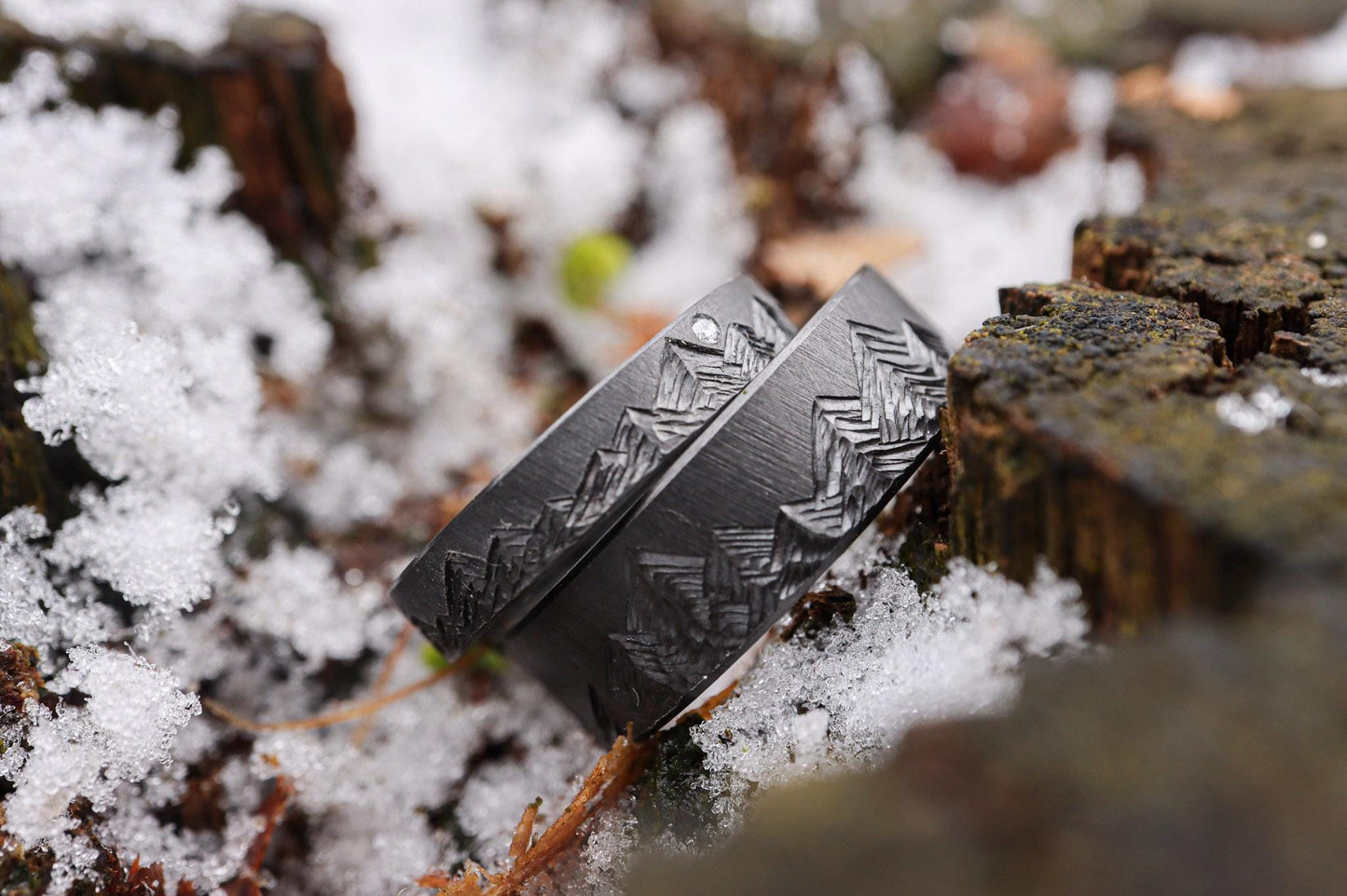 Black Zirconium Mountain Range - 4mm Ring with diamond, Crosshatch Textured, Beveled Edges, Matte Finish, womens wedding band, Rustic Style
