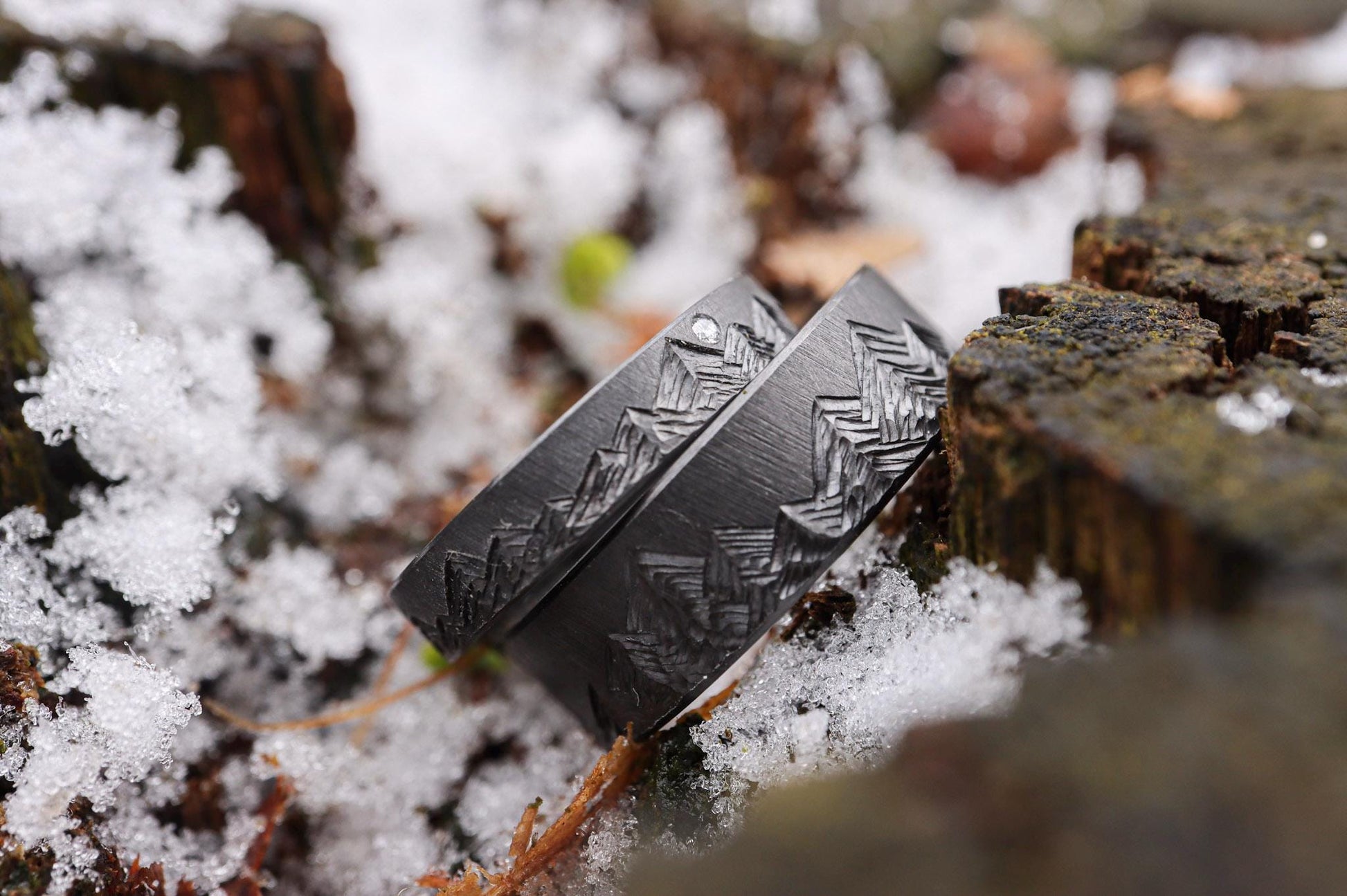 Black Zirconium Mountain Range - 4mm Ring with diamond, Crosshatch Textured, Beveled Edges, Matte Finish, womens wedding band, Rustic Style