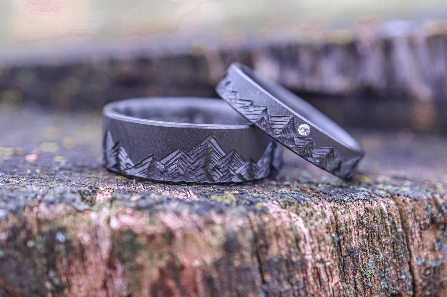 Black Zirconium Mountain Range - 4mm Ring with diamond, Crosshatch Textured, Beveled Edges, Matte Finish, womens wedding band, Rustic Style