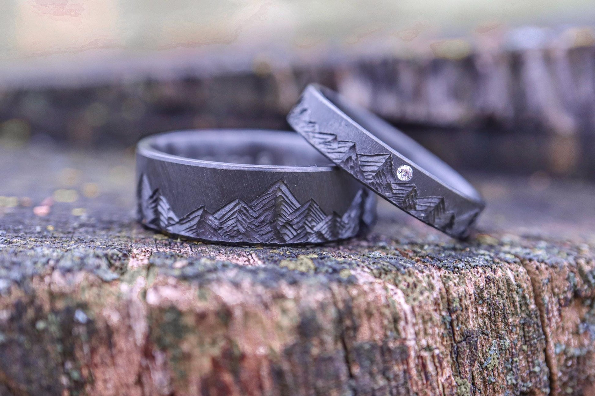 Black Zirconium Mountain Range - 4mm Ring with diamond, Crosshatch Textured, Beveled Edges, Matte Finish, womens wedding band, Rustic Style