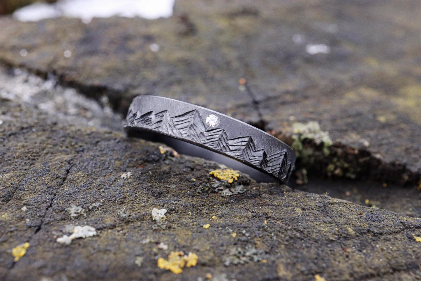 Black Zirconium Mountain Range - 4mm Ring with diamond, Crosshatch Textured, Beveled Edges, Matte Finish, womens wedding band, Rustic Style