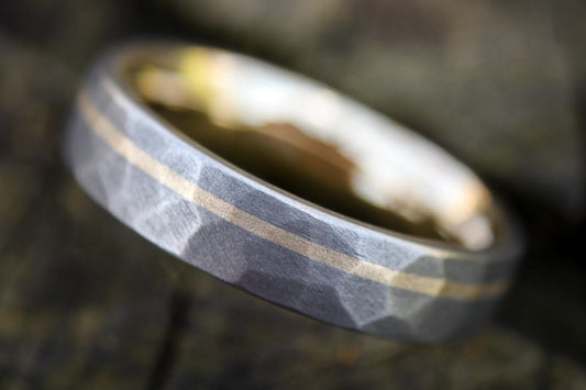 Titanium Ring with 14k Yellow Gold Liner and Inlay, Faceted Sandblasted Finish, Unique Men's Wedding Band, Custom Comfort Fit Ring