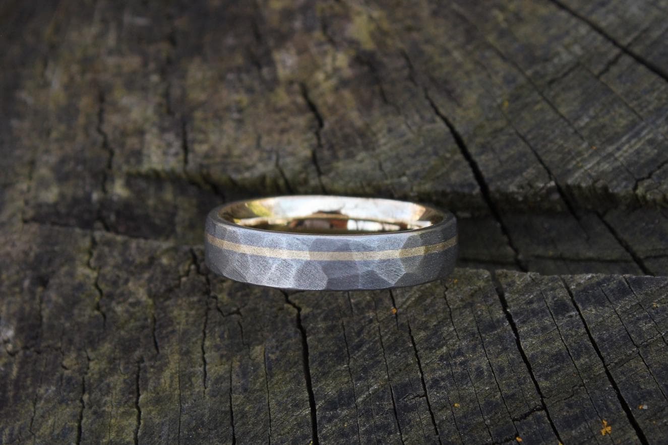 Titanium Ring with 14k Yellow Gold Liner and Inlay, Faceted Sandblasted Finish, Unique Men's Wedding Band, Custom Comfort Fit Ring