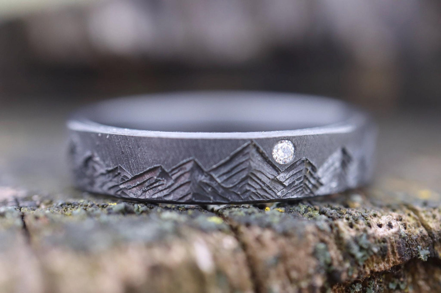 Black Zirconium Mountain Range - 4mm Ring with diamond, Crosshatch Textured, Beveled Edges, Matte Finish, womens wedding band, Rustic Style