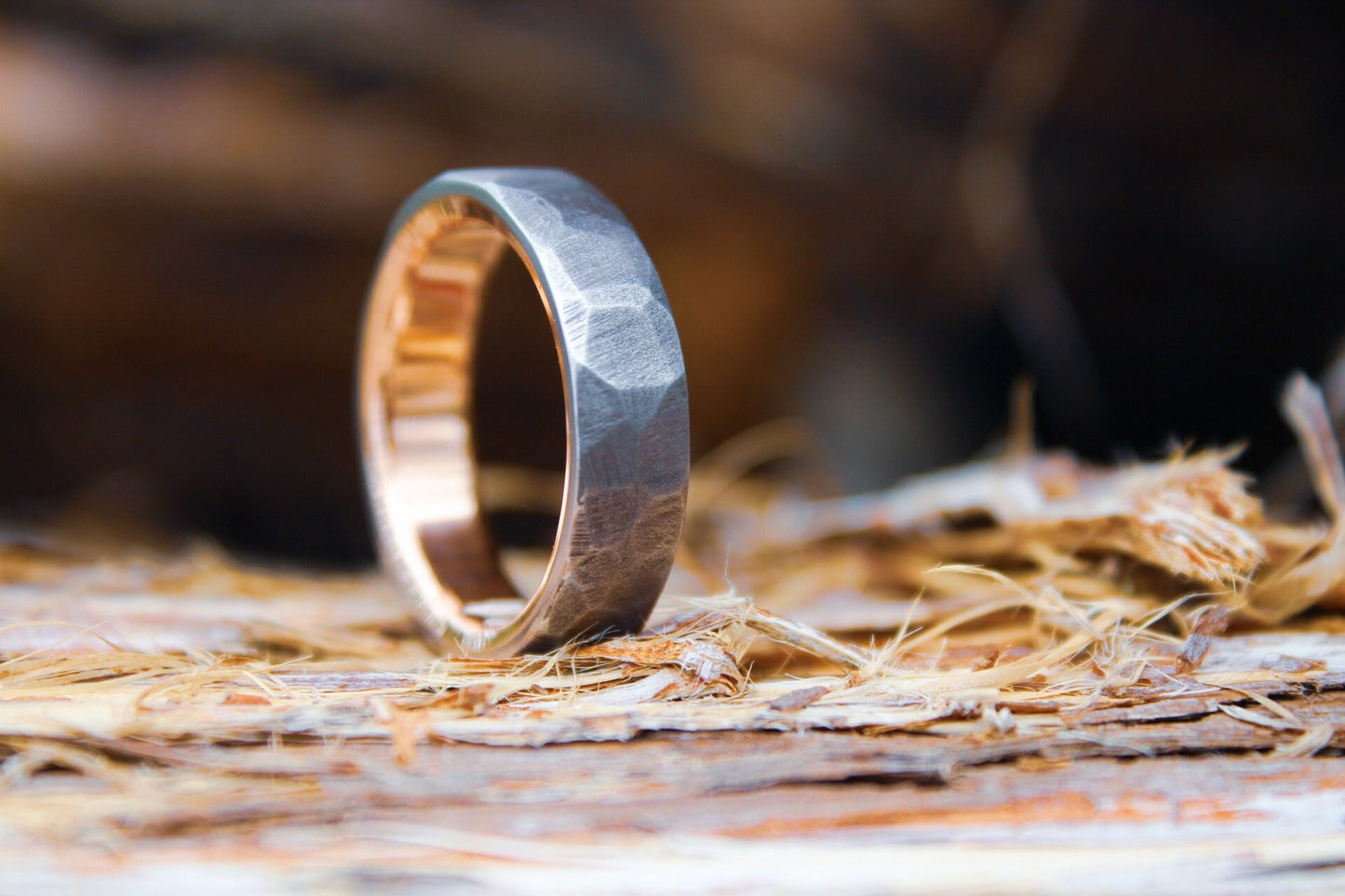 Faceted Titanium with 14k Rose Gold Liner, Rustic Mans Wedding Band, Textured Gold Ring, Hammered Ring, Rustic Band