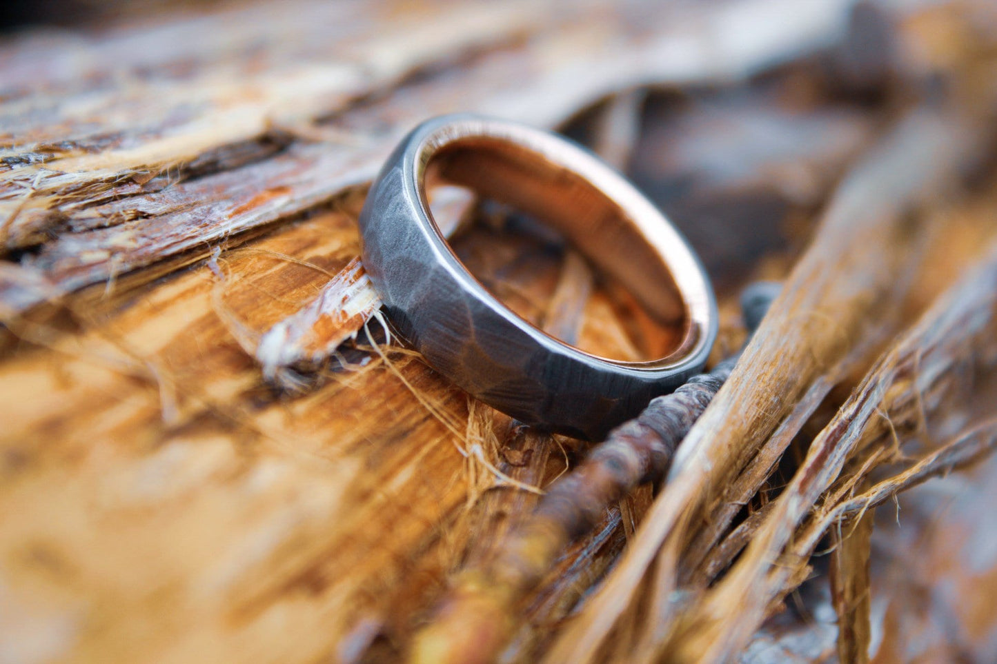 Faceted Titanium with 14k Rose Gold Liner, Rustic Mans Wedding Band, Textured Gold Ring, Hammered Ring, Rustic Band