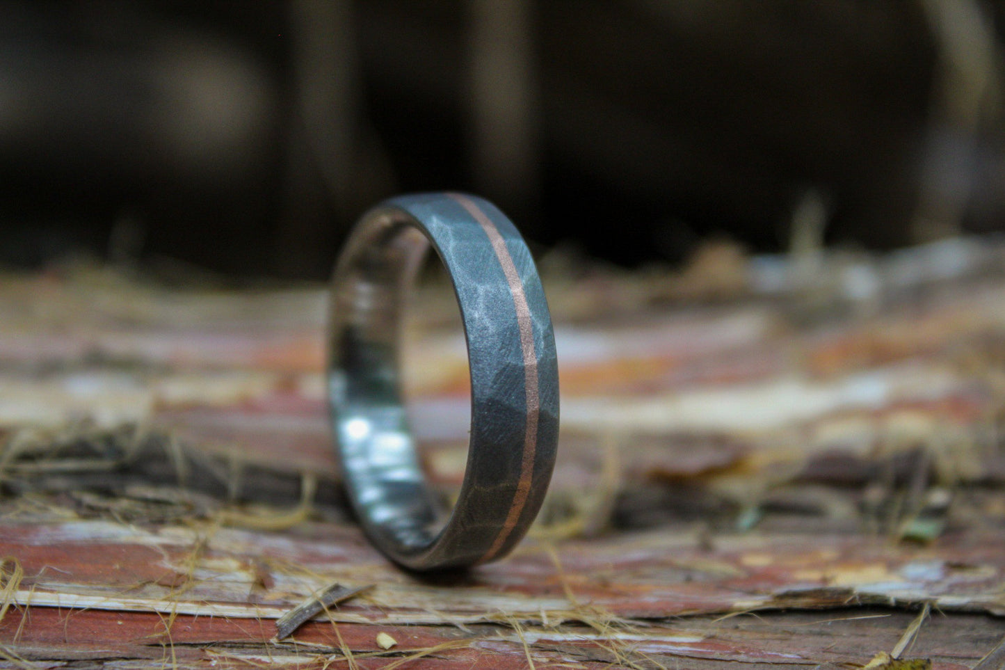 Faceted Titanium with 14k Rose Gold inlay - 6mm Men's wedding band, manly ring, sandblasted, hammered texture, grey and silver