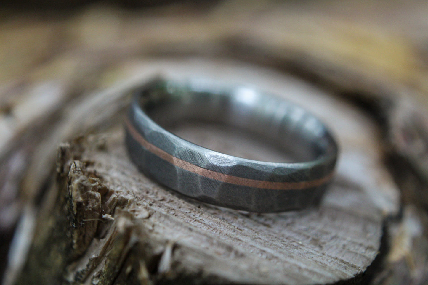 Faceted Titanium with 14k Rose Gold inlay - 6mm Men's wedding band, manly ring, sandblasted, hammered texture, grey and silver
