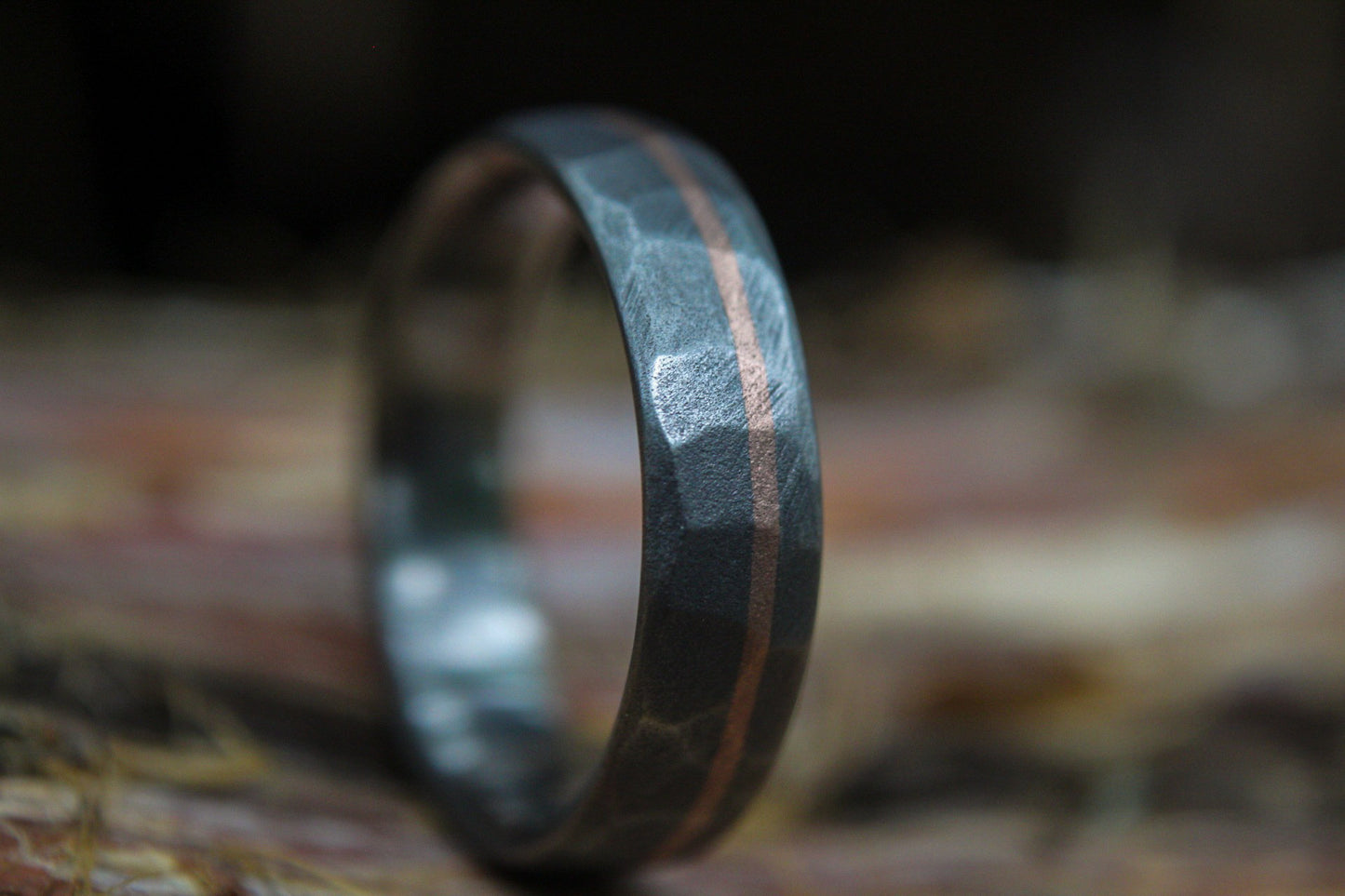 Faceted Titanium with 14k Rose Gold inlay - 6mm Men's wedding band, manly ring, sandblasted, hammered texture, grey and silver