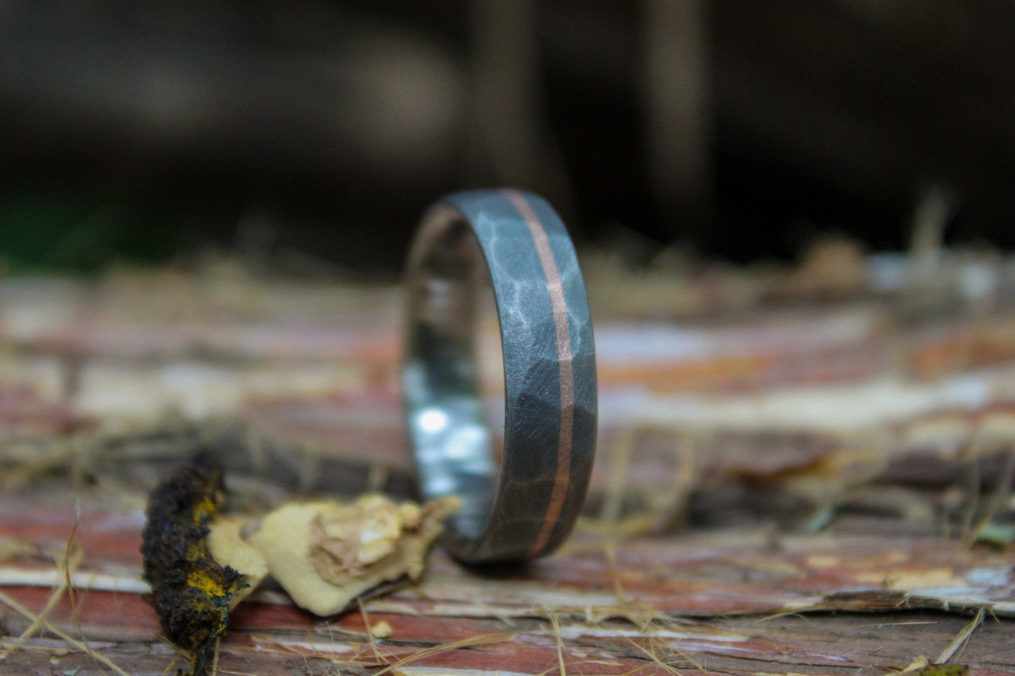 Faceted Titanium with 14k Rose Gold inlay - 6mm Men's wedding band, manly ring, sandblasted, hammered texture, grey and silver