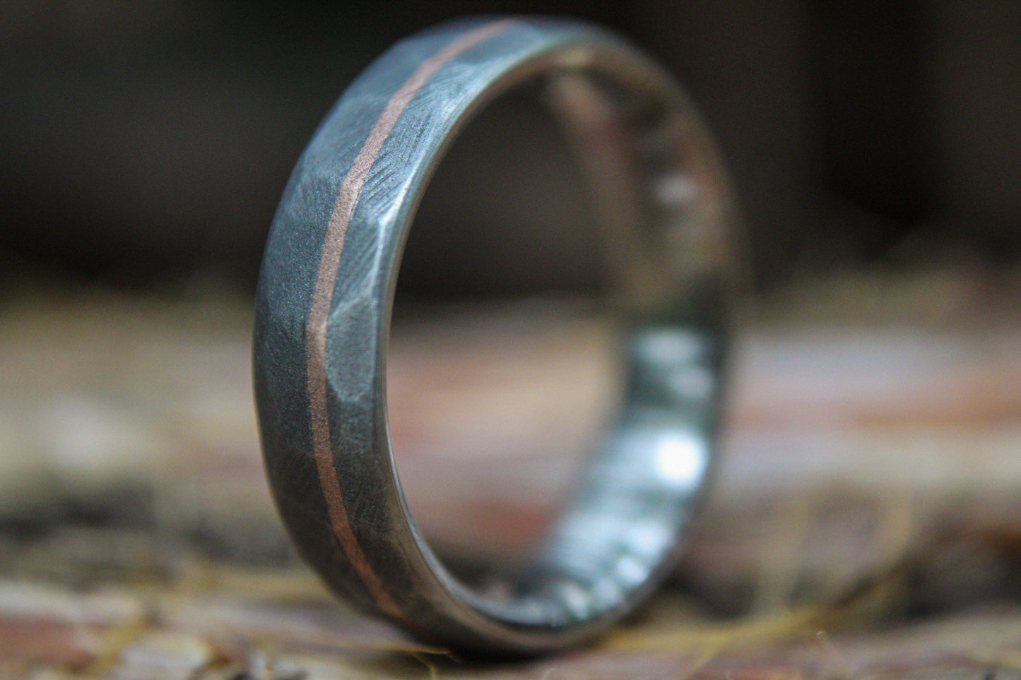 Faceted Titanium with 14k Rose Gold inlay - 6mm Men's wedding band, manly ring, sandblasted, hammered texture, grey and silver