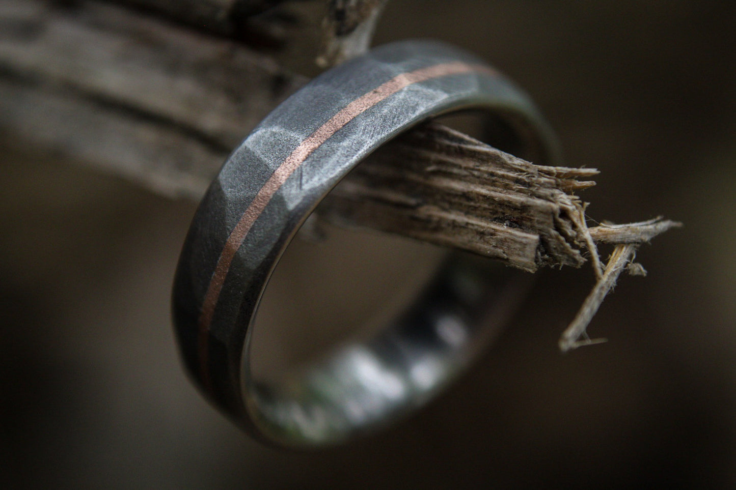Faceted Titanium with 14k Rose Gold inlay - 6mm Men's wedding band, manly ring, sandblasted, hammered texture, grey and silver