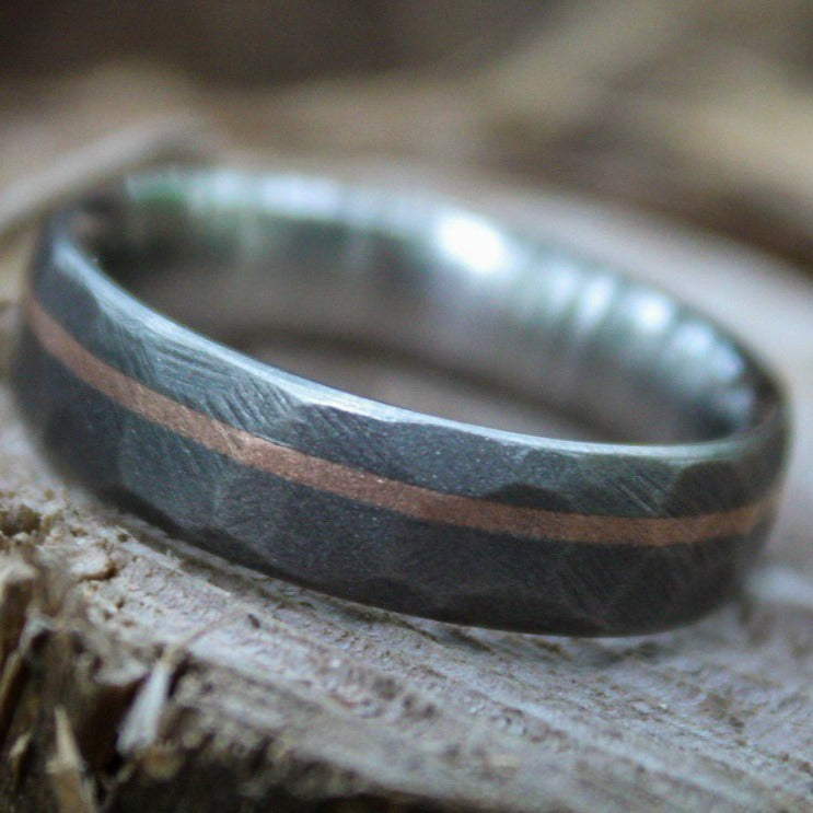 Faceted Titanium with 14k Rose Gold inlay - 6mm Men's wedding band, manly ring, sandblasted, hammered texture, grey and silver