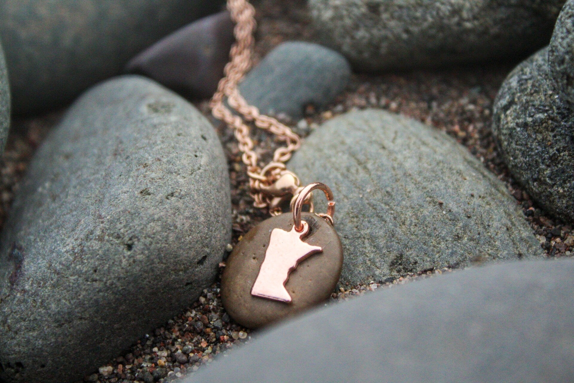 Lake Superior Stone Necklace with Rose Gold or Silver Charm