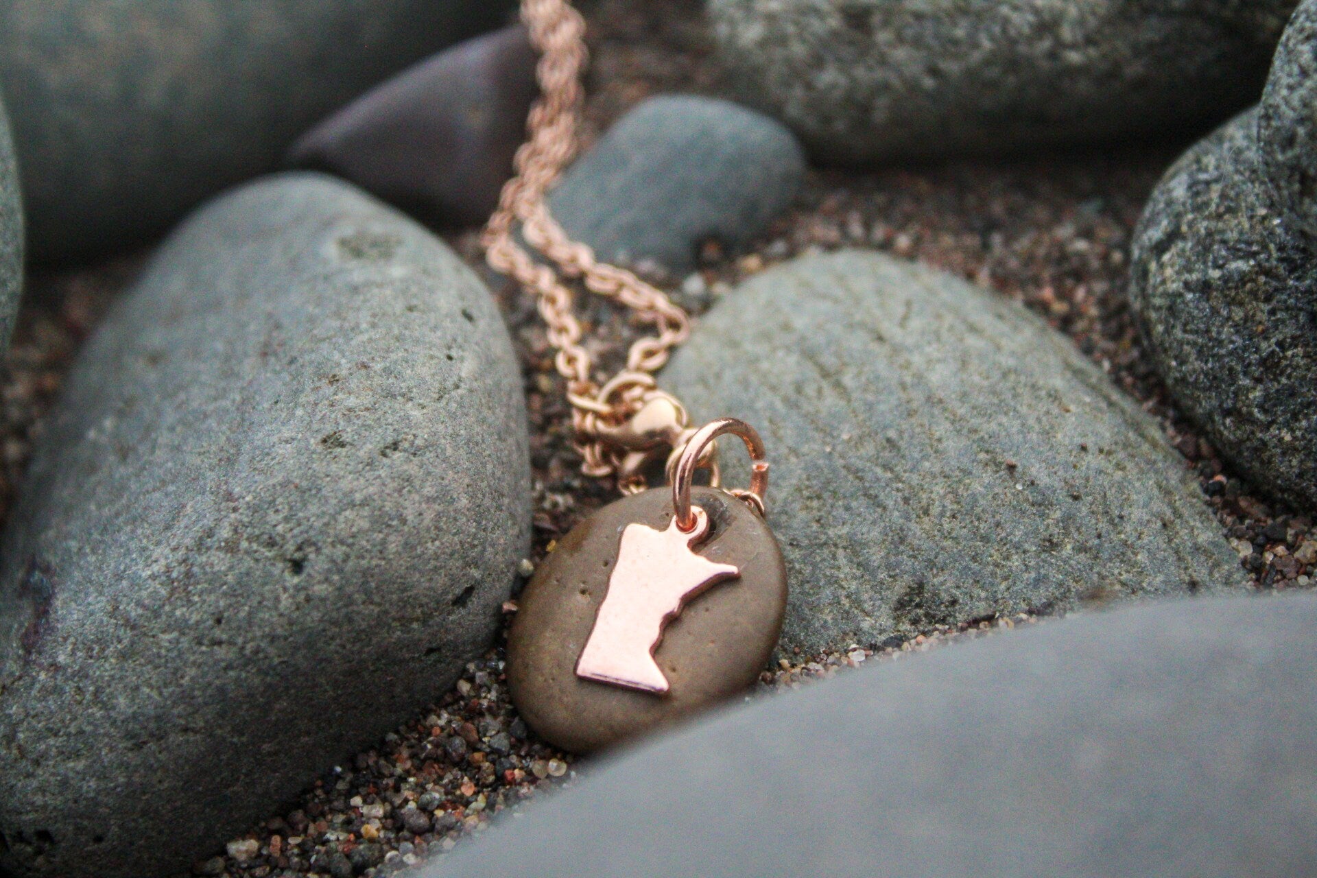 Lake Superior Stone Necklace with Rose Gold or Silver Charm 