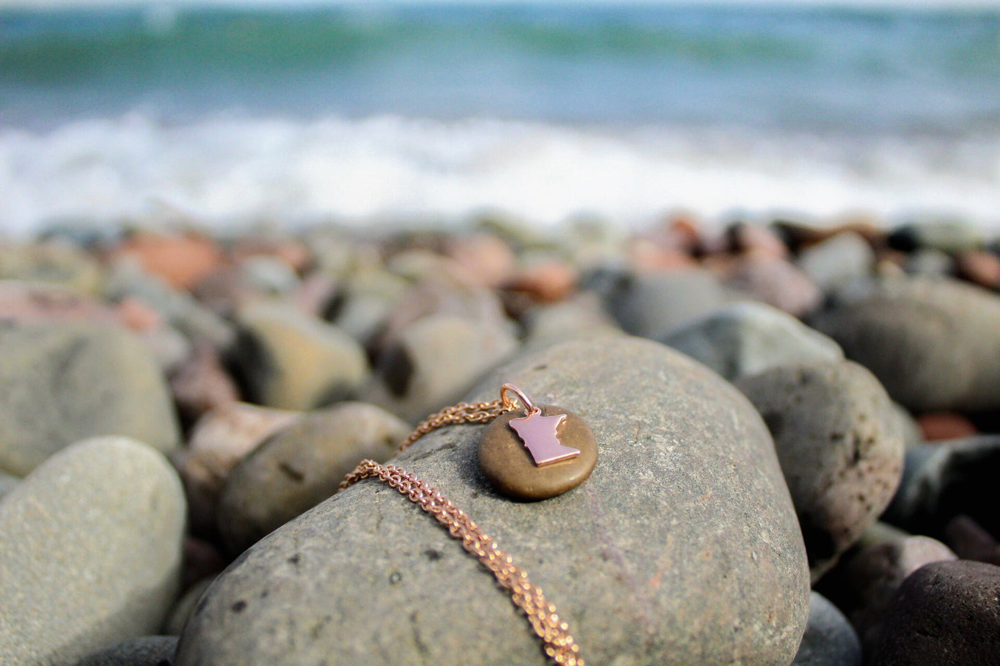 Lake Superior Stone Necklace with Rose Gold or Silver Charm