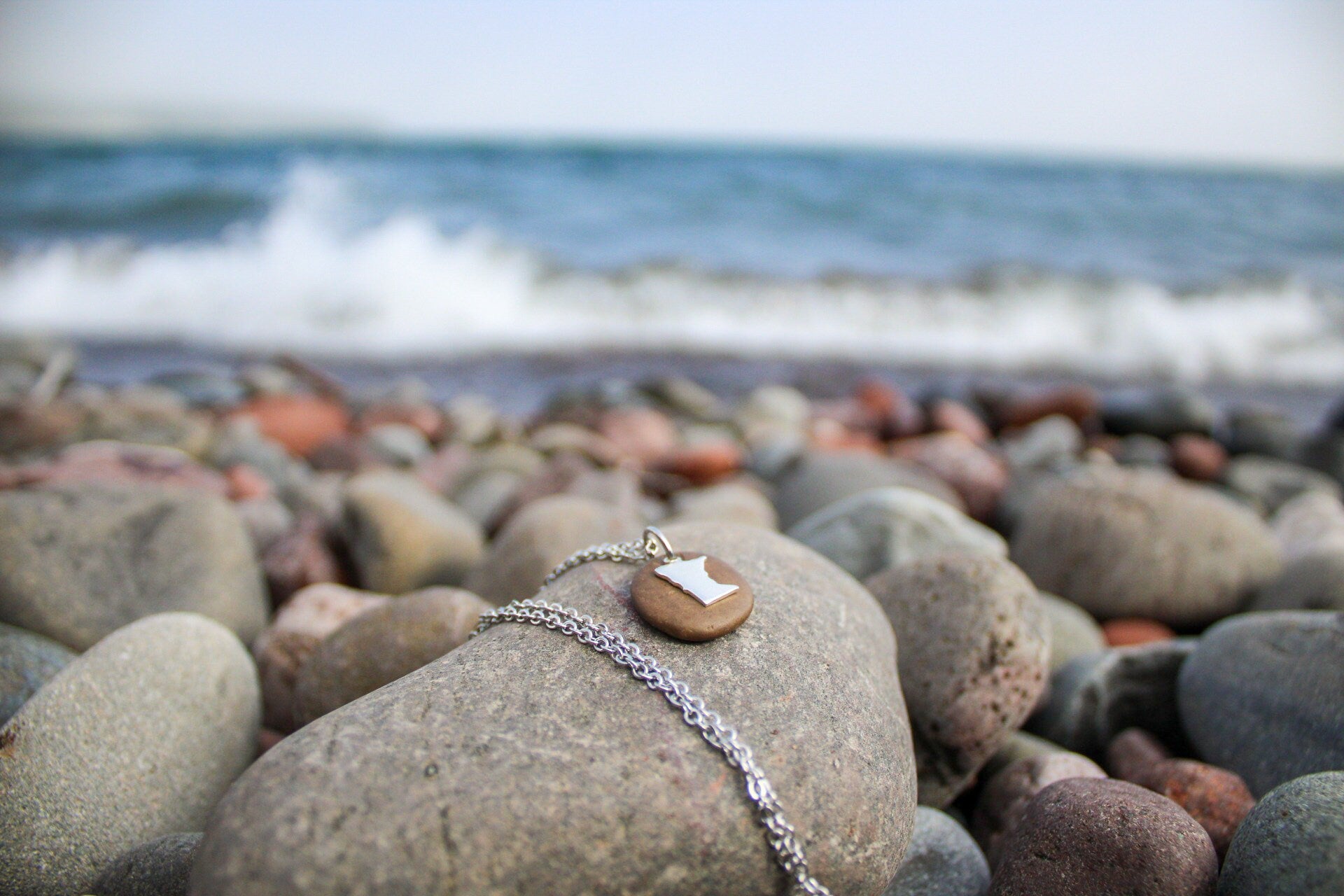 Lake Superior Stone Necklace with Rose Gold or Silver Charm
