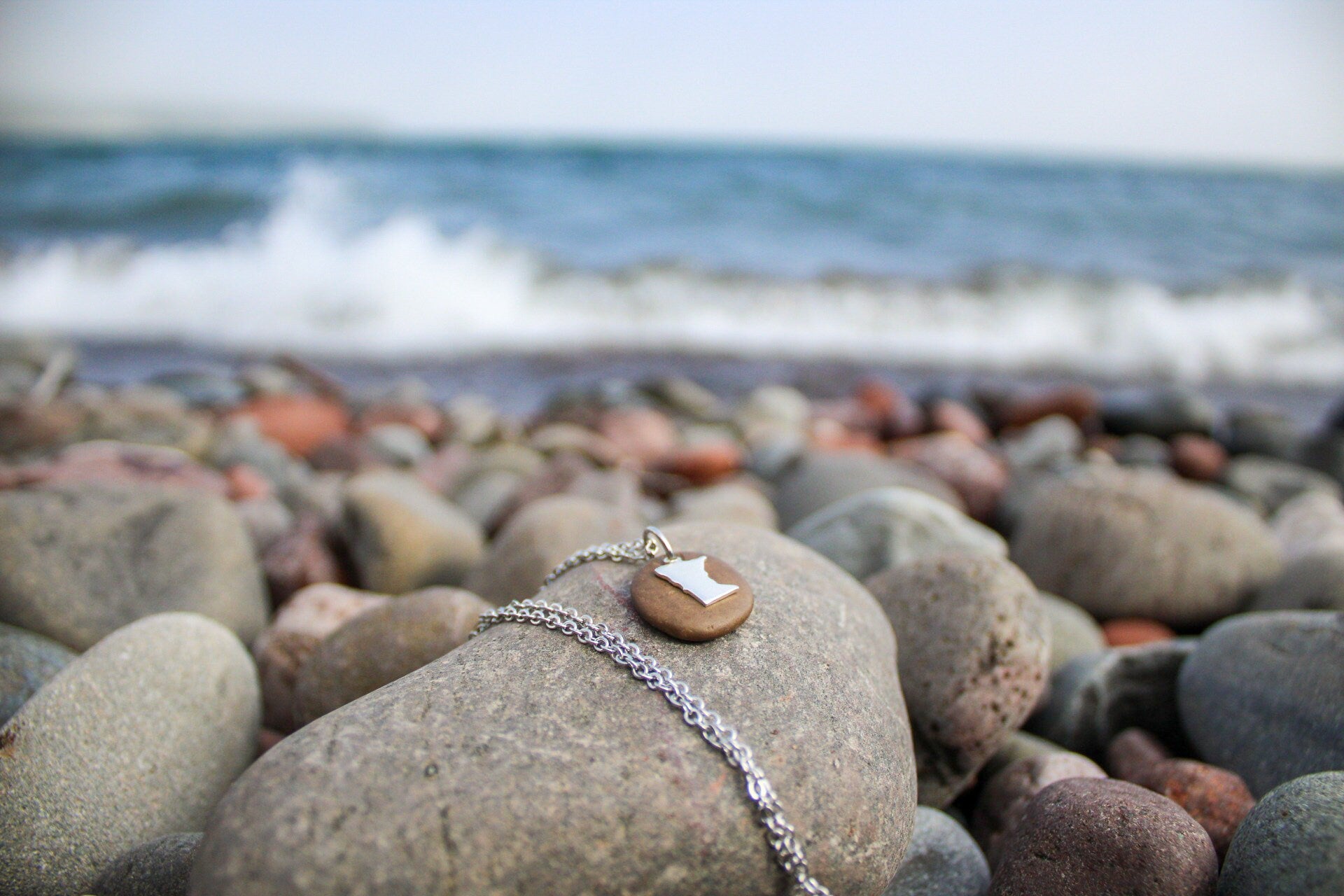 Lake Superior Stone Necklace with Rose Gold or Silver Charm 