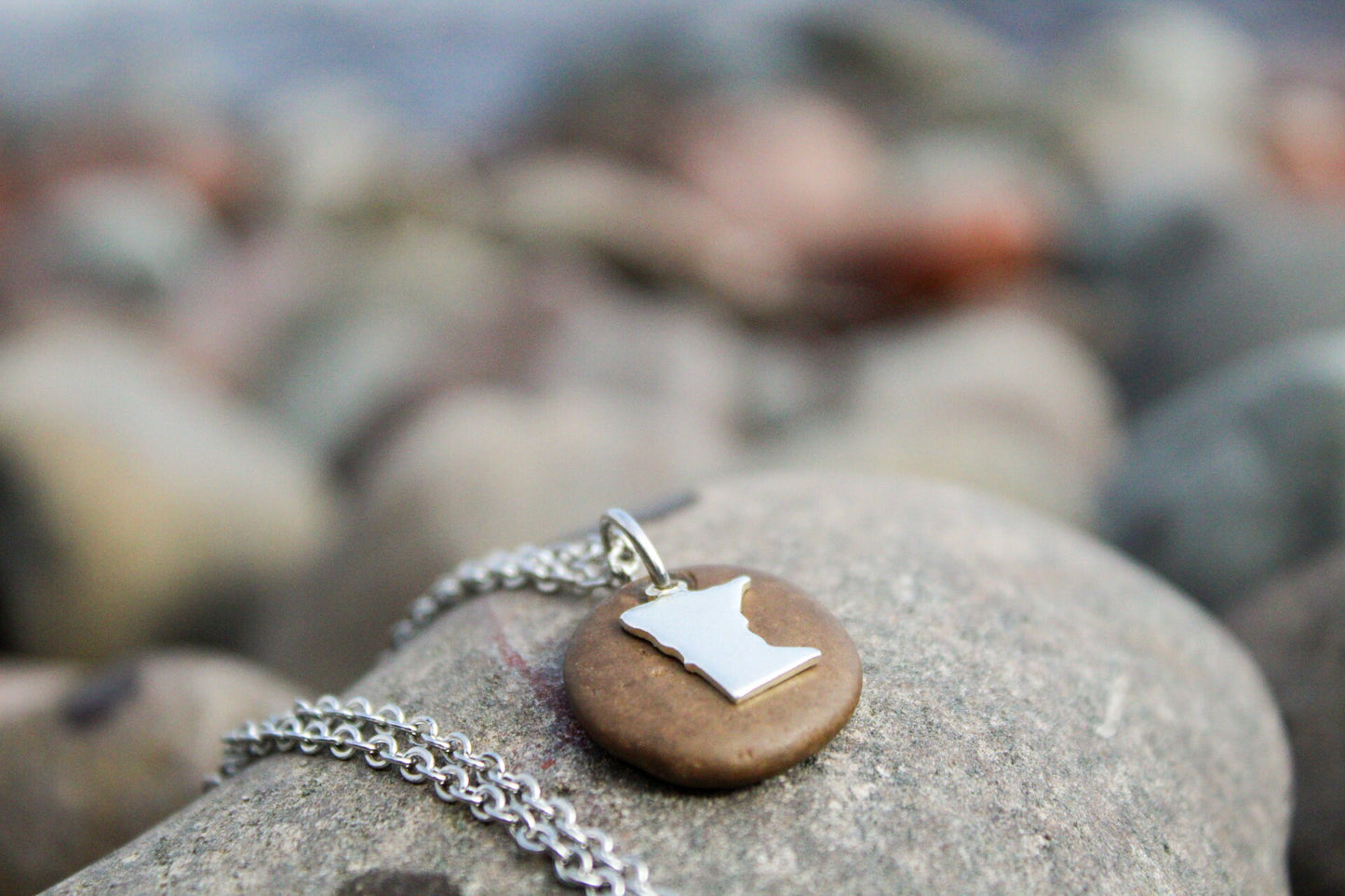 Lake Superior Stone Necklace with Rose Gold or Silver Charm 