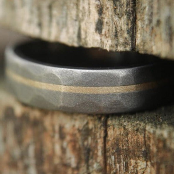 Faceted Titanium with 14k Yellow Gold inlay - 6mm Men's wedding band, manly ring, sandblasted, hammered texture, grey and silver