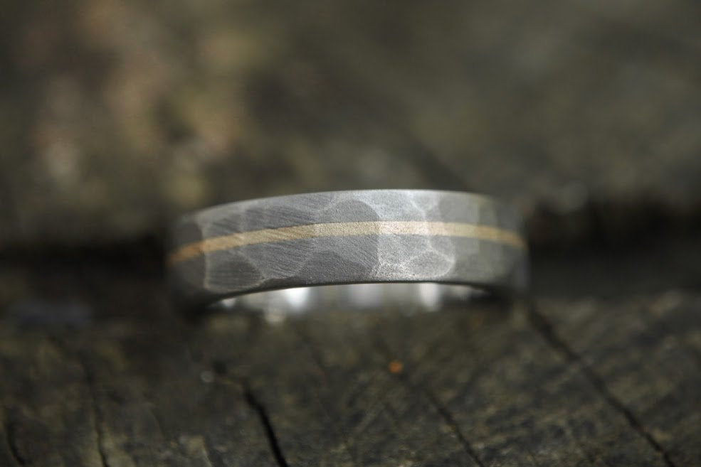 Faceted Titanium with 14k Yellow Gold inlay - 6mm Men's wedding band, manly ring, sandblasted, hammered texture, grey and silver