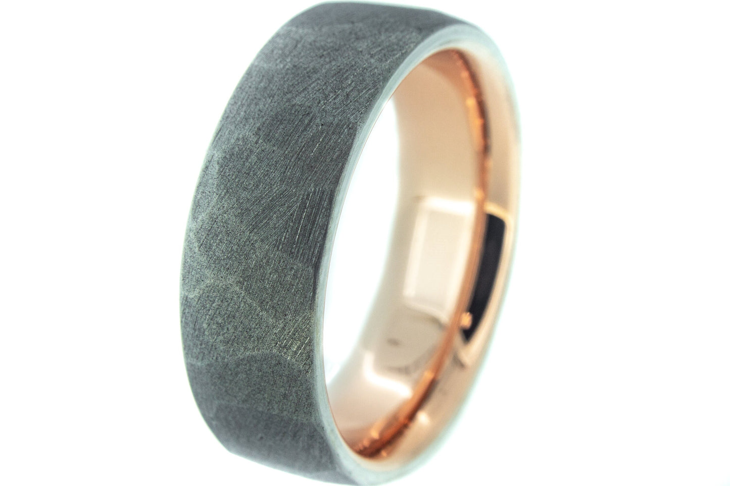 Faceted Titanium with 14k Rose Gold Liner, Rustic Mans Wedding Band, Textured Gold Ring, Hammered Ring, Rustic Band