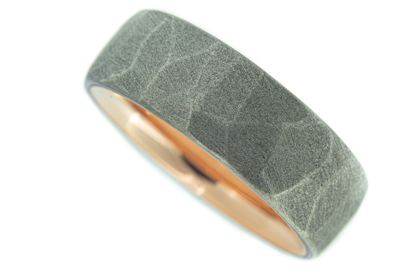 Faceted Titanium with 14k Rose Gold Liner, Rustic Mans Wedding Band, Textured Gold Ring, Hammered Ring, Rustic Band