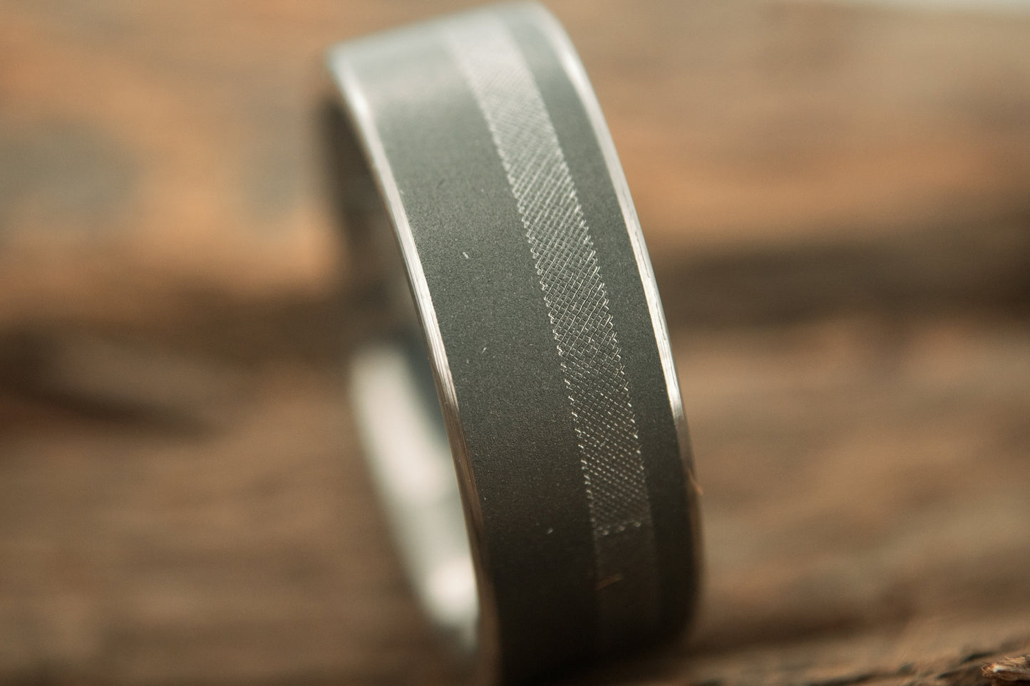 Beveled Sandblasted Titanium Ring with Crosshatch Pattern