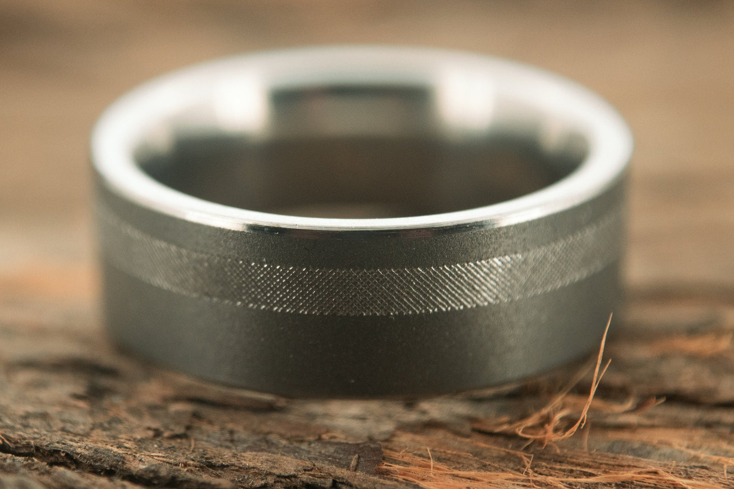 Beveled Sandblasted Titanium Ring with Crosshatch Pattern