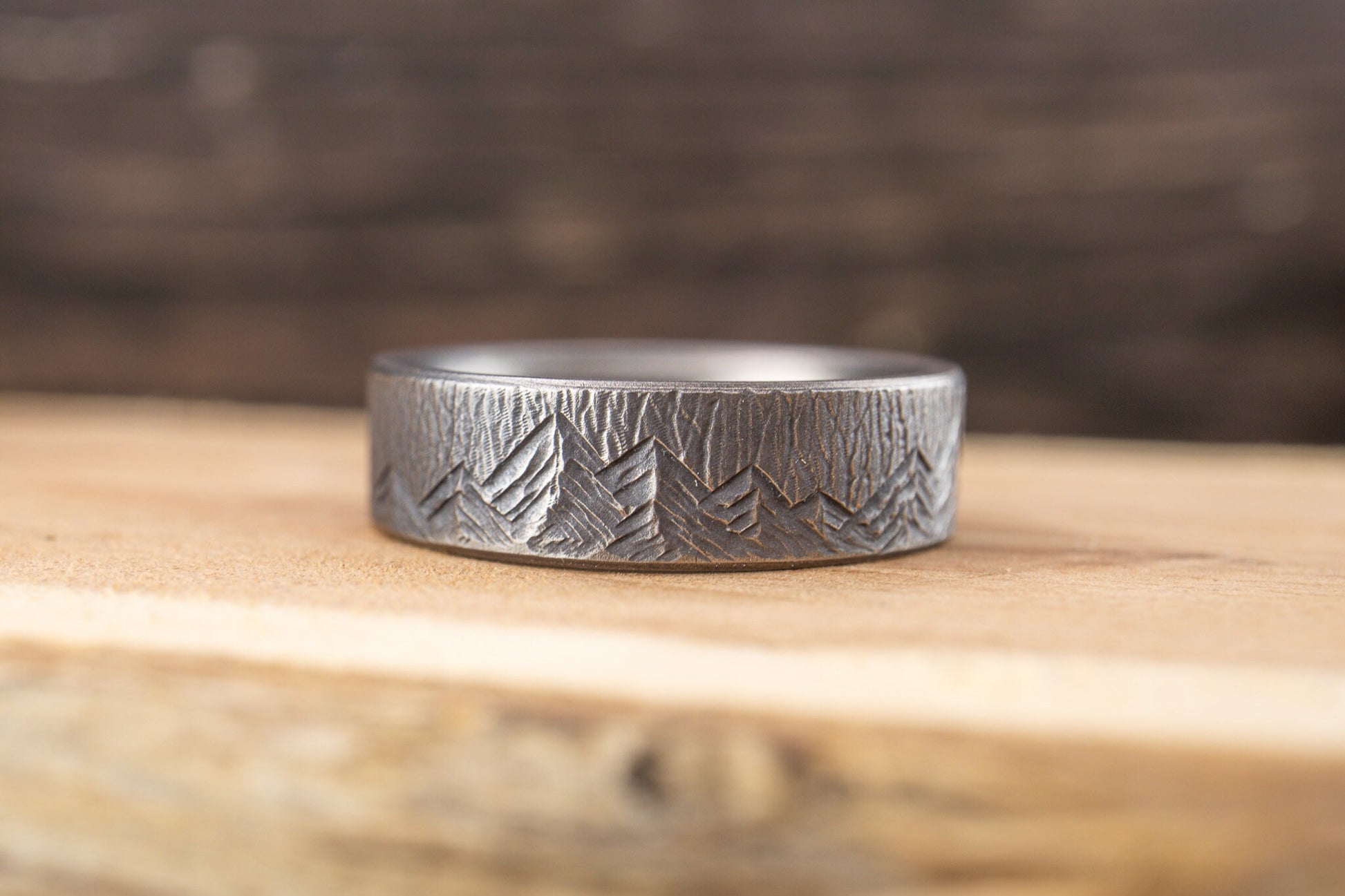 Dark Titanium Mountain Ring - 6mm, Tree Bark Textured, Mens Wedding Ring, Womens Wedding Ring, Comfort Fit, Hand Carved