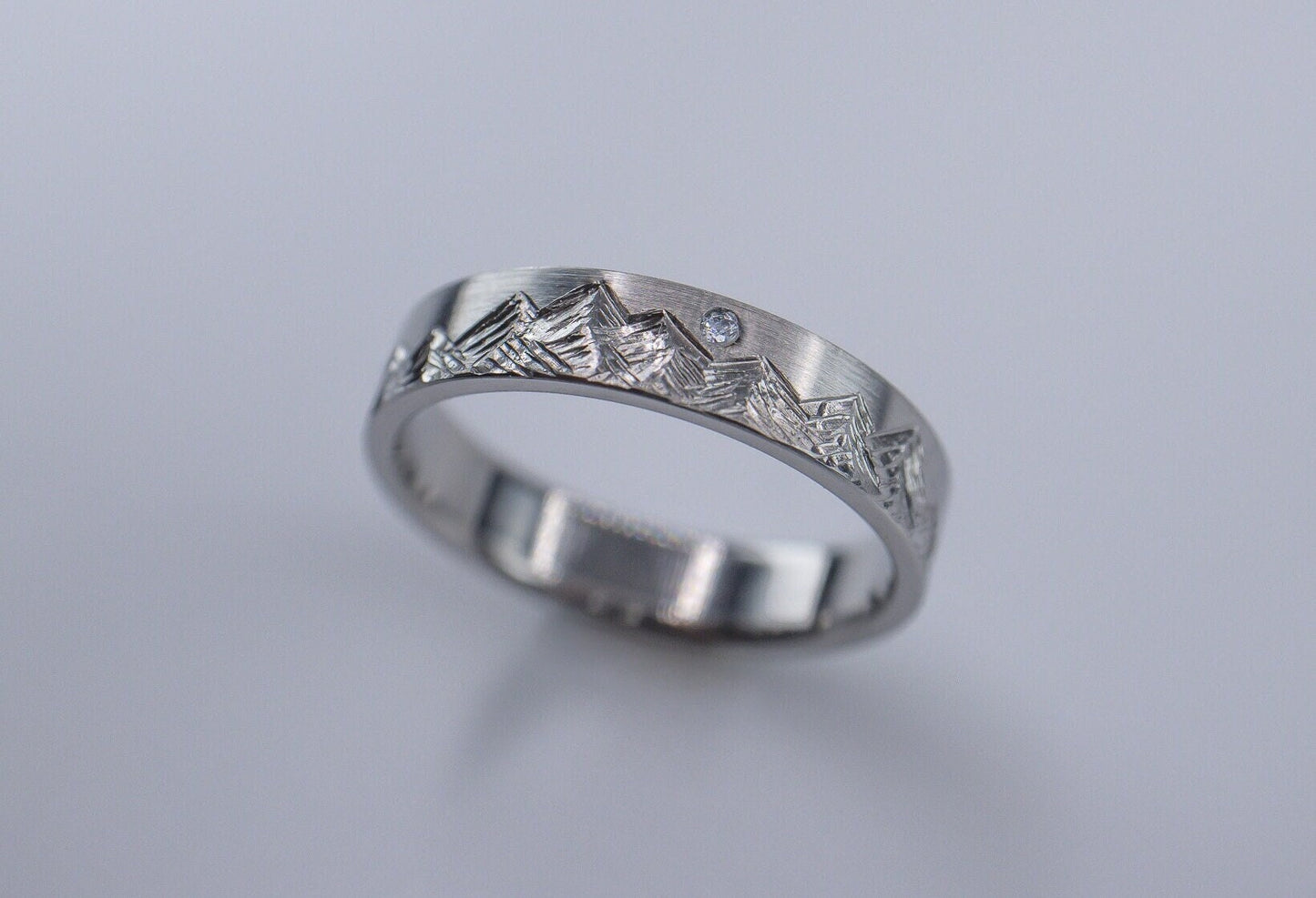 Women's Mountain Ring - Diamond setting, 4mm Titanium, Hand Carved Mountain Range, Comfort Fit, hypoallergenic, Hiking, Nature Inspired