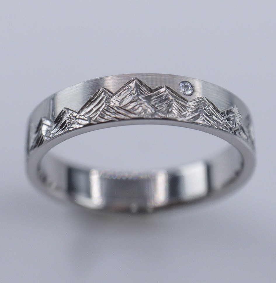 Women's Mountain Ring - Diamond setting, 4mm Titanium, Hand Carved Mountain Range, Comfort Fit, hypoallergenic, Hiking, Nature Inspired