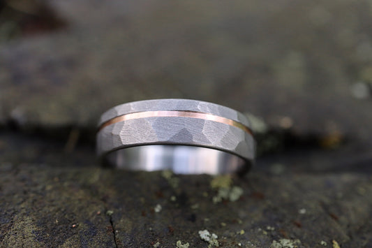 Faceted Titanium with 14k Rose Gold inlay - 6mm Men's wedding band, manly ring, sandblasted, hammered texture, grey and silver