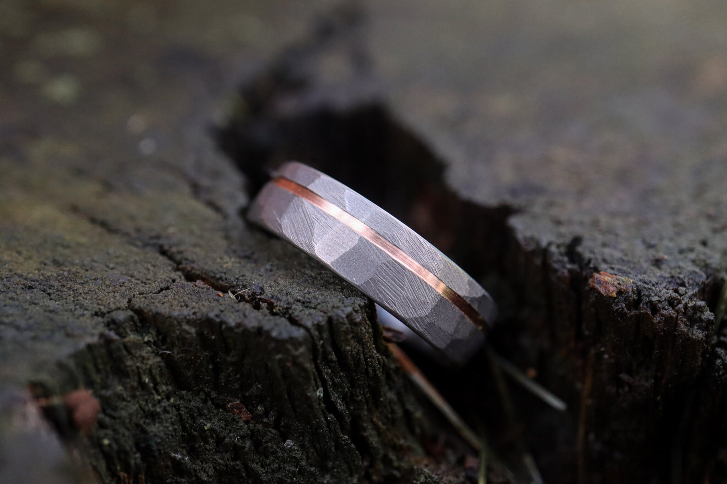 Faceted Titanium with 14k Rose Gold inlay - 6mm Men's wedding band, manly ring, sandblasted, hammered texture, grey and silver