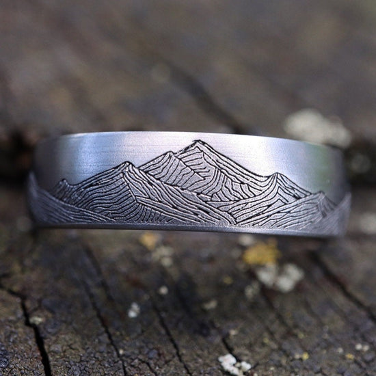 The Explorer - 6mm Titanium Mountain Ring, Domed Band, Satin Finish, Silver, Mens Wedding Band, Comfort Fit Ring