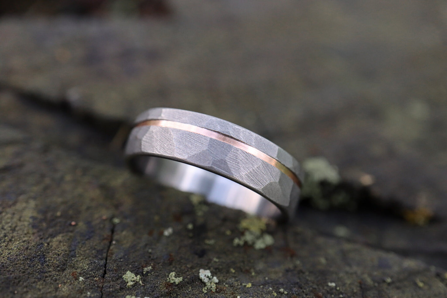 Faceted Titanium with 14k Rose Gold inlay - 6mm Men's wedding band, manly ring, sandblasted, hammered texture, grey and silver