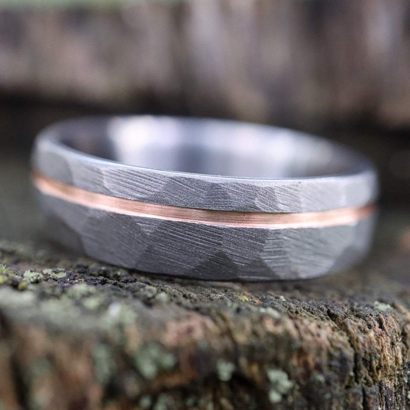 Faceted Titanium with 14k Rose Gold inlay - 6mm Men's wedding band, manly ring, sandblasted, hammered texture, grey and silver