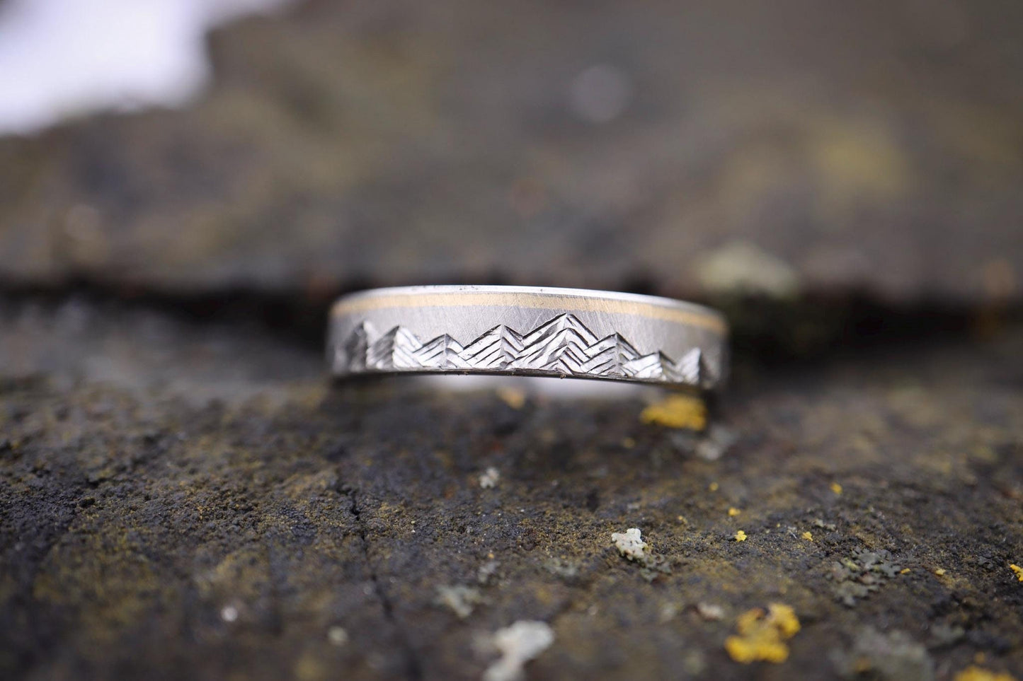 Mountain Range Ring - 4mm Titanium, 14k Yellow Gold inlay, dainty ring, Womens Wedding Ring, Textured, Beveled edge, Comfort Fit