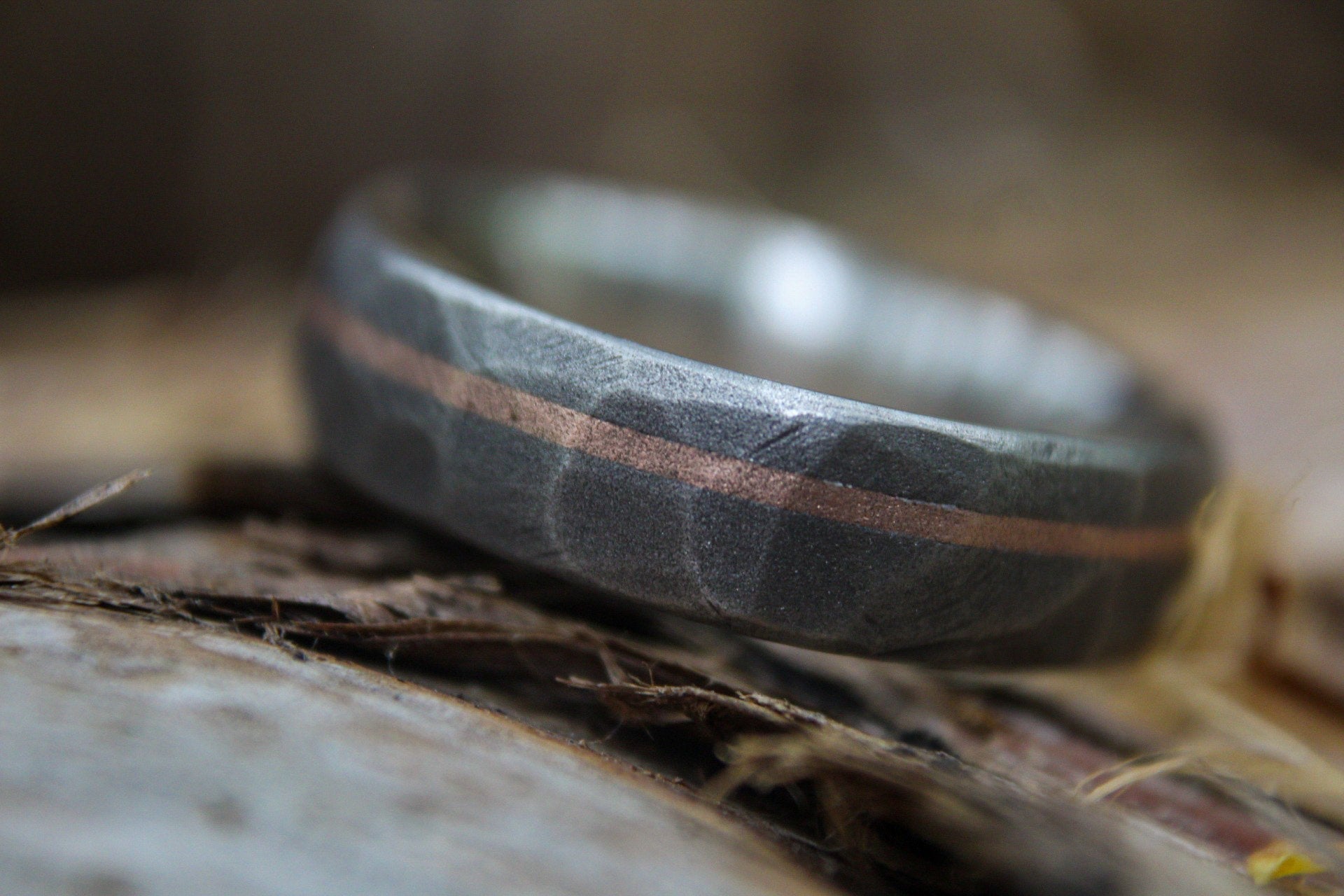 Faceted Titanium with 14k Rose Gold inlay - 6mm Men&#39;s wedding band, manly ring, sandblasted, hammered texture, grey and silver