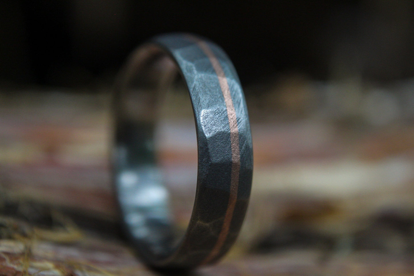 Faceted Titanium with 14k Rose Gold inlay - 6mm Men&#39;s wedding band, manly ring, sandblasted, hammered texture, grey and silver