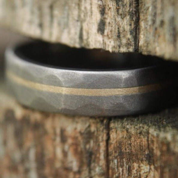 Faceted Titanium with 14k Yellow Gold inlay - 6mm Men&#39;s wedding band, manly ring, sandblasted, hammered texture, grey and silver