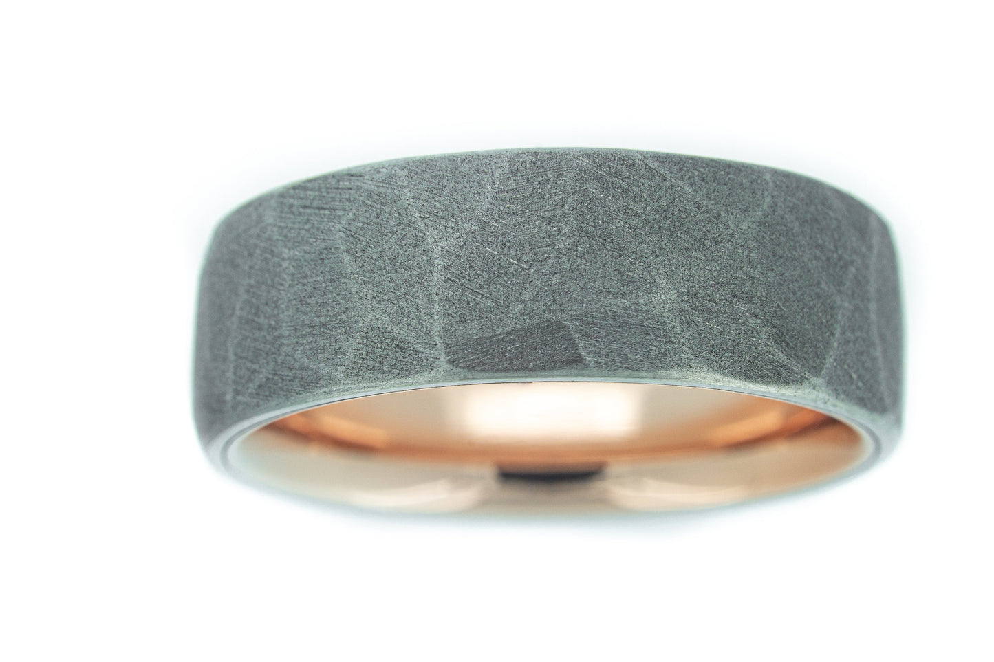 Faceted Titanium with 14k Rose Gold Liner, Rustic Mans Wedding Band, Textured Gold Ring, Hammered Ring, Rustic Band