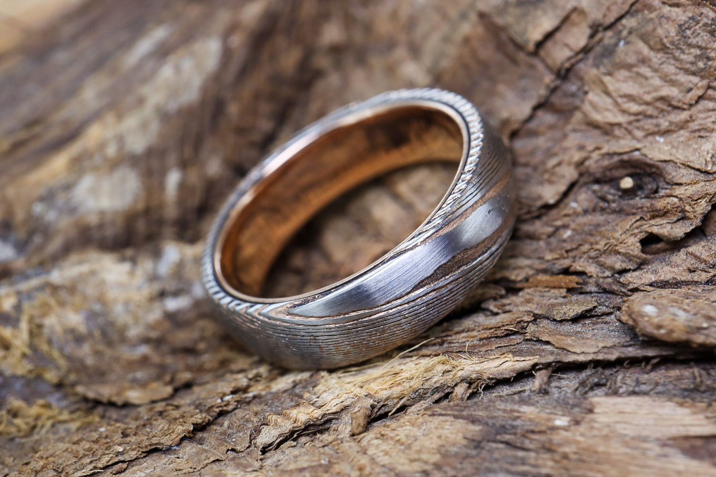 4mm Thin Damascus Ring Rose Gold Wedding Band Mens Ring - Unique Damascus Steel Rings for Men 18K Rose Gold Ring 9