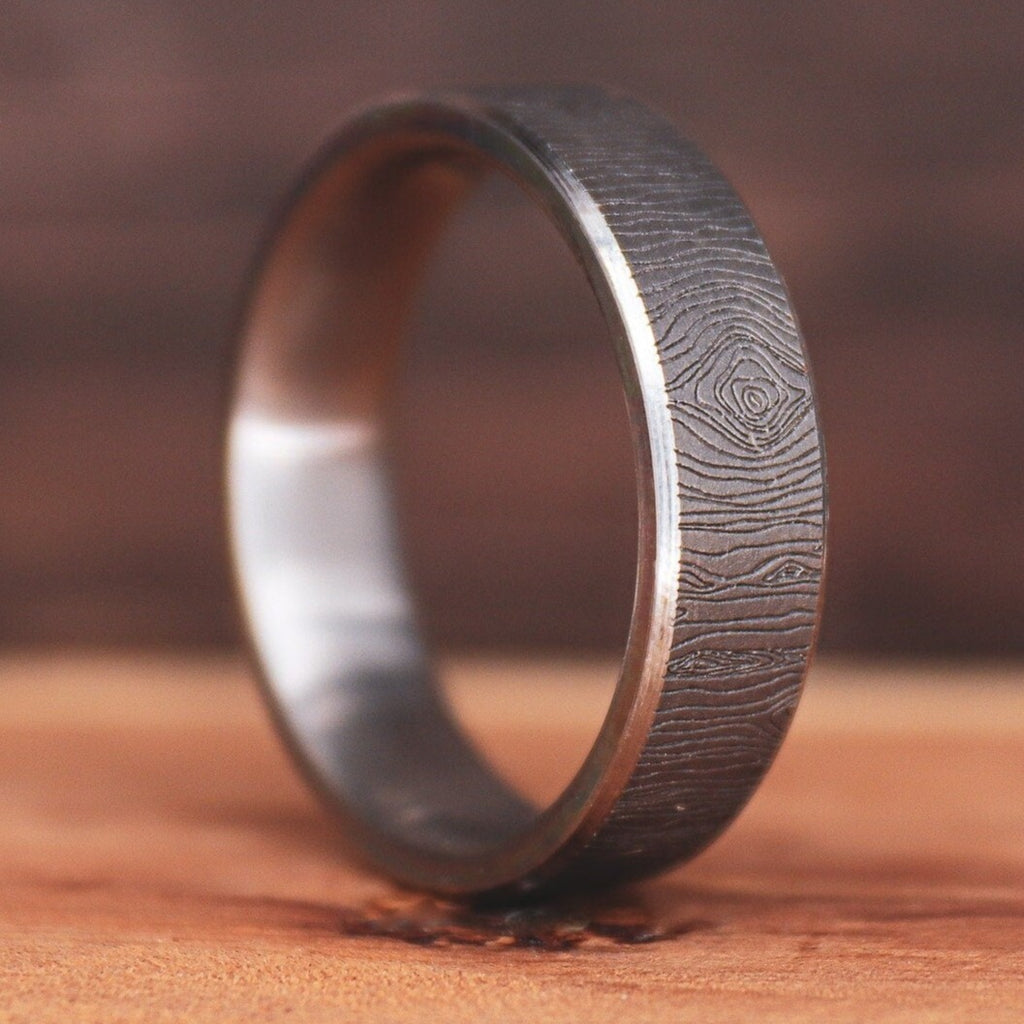 Woodgrain Textured Titanium - Men's wedding ring, 6mm beveled ring, silver, grey, manly style, rugged