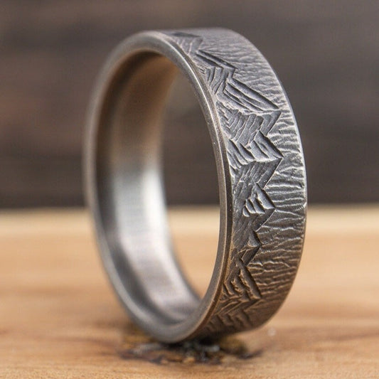 Dark Titanium Mountain Ring - 6mm, Tree Bark Textured, Mens Wedding Ring, Womens Wedding Ring, Comfort Fit, Hand Carved